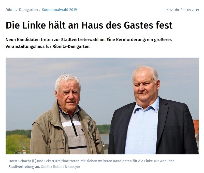 Ostsee-Zeitung-Beitrag vom 13. Mai 2019 / Kommunalwahl 2019 in  Ribnitz-Damgarten, Landkreis Vorpommern-Rgen  /  Kommunalwahl 2019 / Horst Schacht (l.) und Eckart Kreitlow treten mit sieben weiteren Kandidaten fr die Linke zur Wahl der Stadtvertretung an. Quelle: Robert Niemeyer  