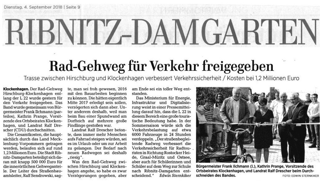 OZ-Beitrag 'Rad-Gehweg fr Verkehr freigegeben'  - verffentlicht in der Ostsee-Zeitung - Ribnitz-Damgartener Ausgabe - Seite 9 - Dienstag, 4. September 2018