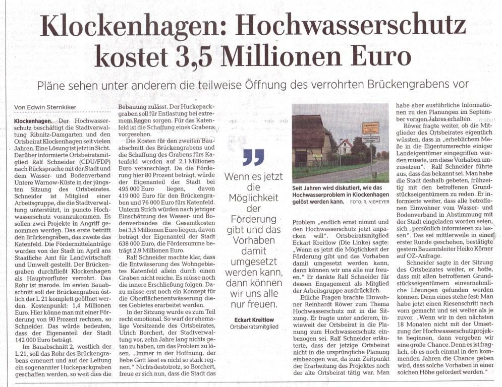 OZ-Beitrag Sonnabend/Sonntag, 13./14.Juni 2020 | Seite 11 - Ostsee-Zeitung Ribnitz-Damgarten - Klockenhagen: Hochwasserschutz kostet 3,5 Millionen Euro - Plne sehen unter anderem die teilweise ffnung des verrohrten Brckengrabens vor - Von Dr. Edwin Sternkiker