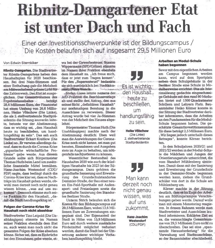 Ribnitz-Damgartener Etat ist unter Dach und Fach - Beitrag von der 7. Sitzung der Stadtvertretung Ribnitz-Damgarten -  Ostsee-Zeitung Ribnitz-Damgarten vom 15.05.2020 | Seite 11 - Von Dr. Edwin Sternkiker