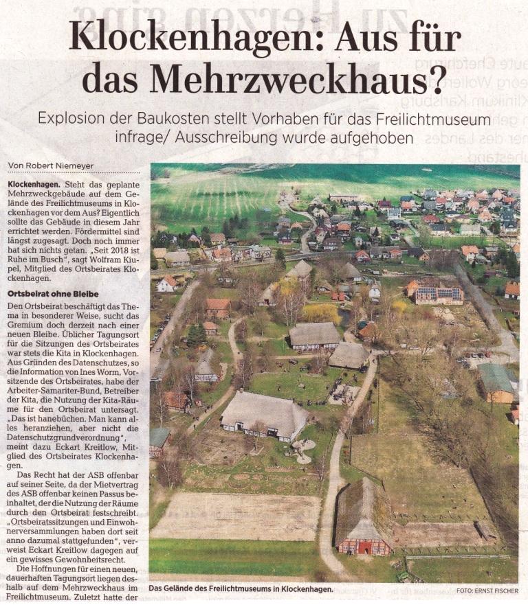 OZ-Beitrag vom 20.12.2019 - Ostsee-Zeitung Ribnitz-Damgarten - Freitag, 20.12.2019 | Seite 11 - Klockenhagen: Aus fr das Mehrzweckhaus? Explosion der Baukosten stellt Vorhaben fr das Freilichtmuseum infrage / Ausschreibung wurde aufgehoben - Autor: Robert Niemeyer 