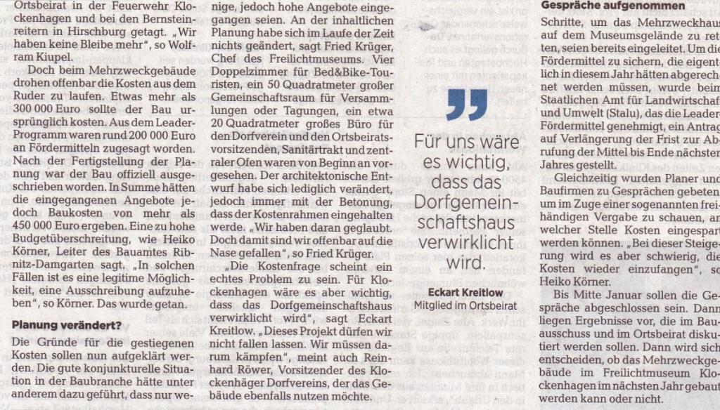 OZ-Beitrag vom 20.12.2019 - Ostsee-Zeitung Ribnitz-Damgarten - Freitag, 20.12.2019 | Seite 11 - Klockenhagen: Aus fr das Mehrzweckhaus? Explosion der Baukosten stellt Vorhaben fr das Freilichtmuseum infrage / Ausschreibung wurde aufgehoben - Autor: Robert Niemeyer 