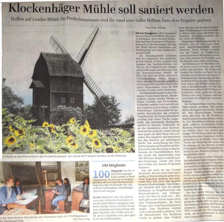 Klockenhger Mhle soll saniert werden / Beitrag in der Ribnitz-Damgartener Ausgabe der Ostsee-Zeitung vom 27.August 2015 Lokalteil Seite 12