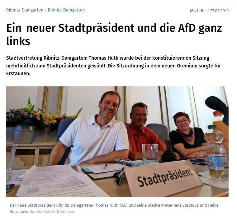 Ein neuer Stadtprsident und die AfD ganz links - OZ-Bericht von der konstituierenden Sitzung der Stadtvertretung Ribnitz-Damgarten am 26. Juni 2019 - von OZ-Redakteur Robert Niemeyer