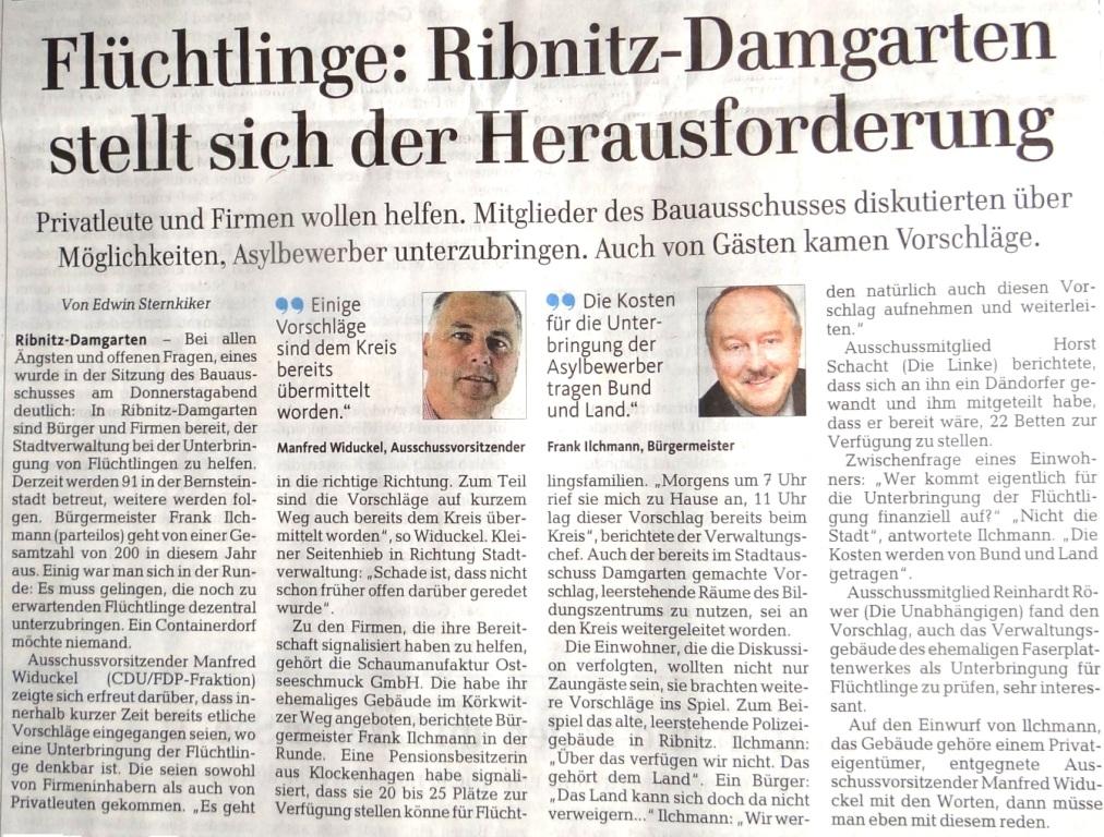 Flchtlinge: Ribnitz-Damgarten stellt sich der Herausforderung / Beitrag in der Ribnitz-Damgartener Wochenendausgabe der Ostsee-Zeitung vom 29./30.August 2015 Lokalteil Seite 9
