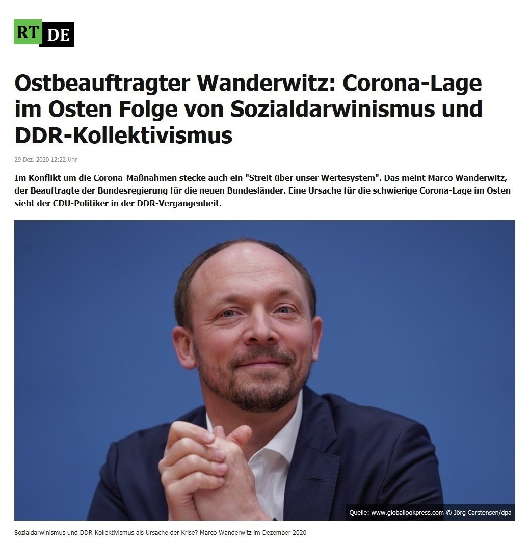 Ostbeauftragter Wanderwitz: Corona-Lage im Osten Folge von Sozialdarwinismus und DDR-Kollektivismus - RT DE - 29 Dez. 2020 12:22 Uhr