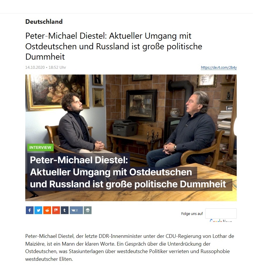 Deutschland - Peter-Michael Diestel: Aktueller Umgang mit Ostdeutschen und Russland ist große politische Dummheit - RT Deutsch - 14.10.2020