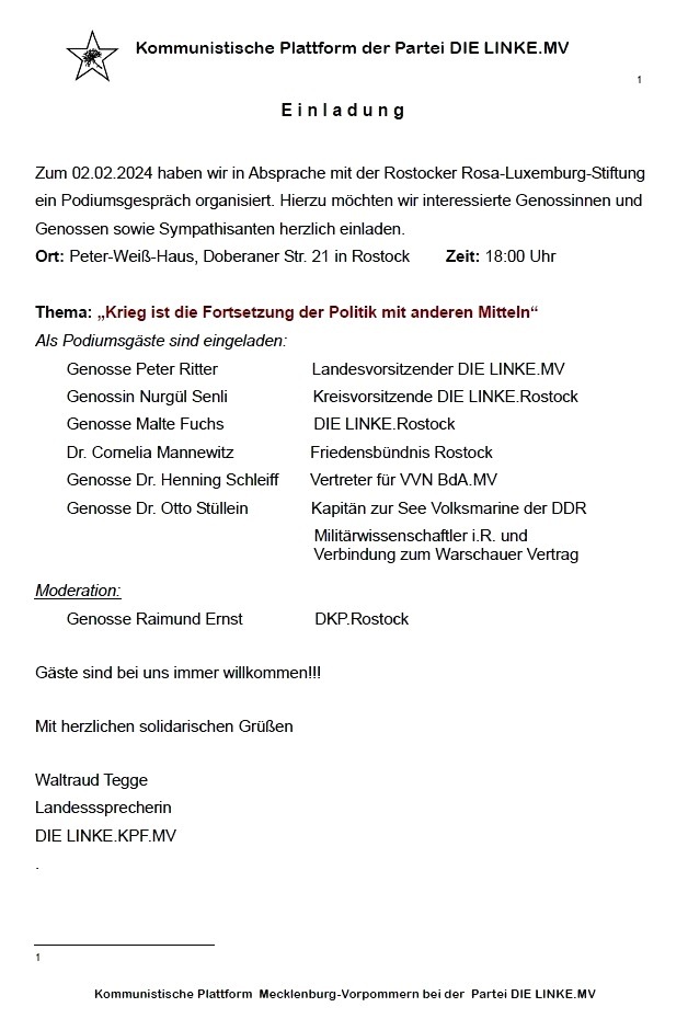 Einladung zum Podiumsgespräch am 02.02.2024 in Rostock - Aus dem Posteingang von Waltraud Tegge  vom 04.01.2024