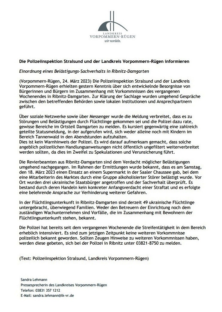 PRESSEMELDUNG: Die Polizeiinspektion Stralsund und der Landkreis Vorpommern-Rgen informieren - Weitergeleitete E-Mail - 24.03.2023 - Einordnung eines Belstigungs-Sachverhalts in Ribnitz-Damgarten - Aus dem Posteingang - Regional vom 24.03.2023 