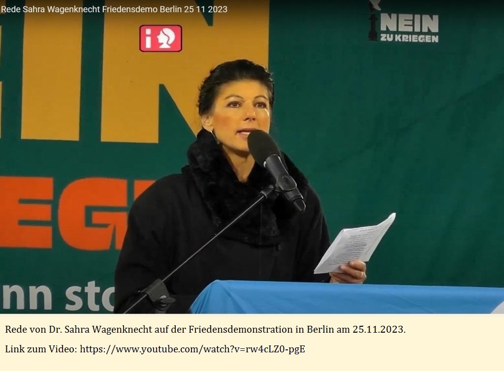 Rede von Dr. Sahra Wagenknecht auf der Friedensdemonstration in Berlin am 25.11.2023 - Link zum Video: https://www.youtube.com/watch?v=rw4cLZ0-pgE 