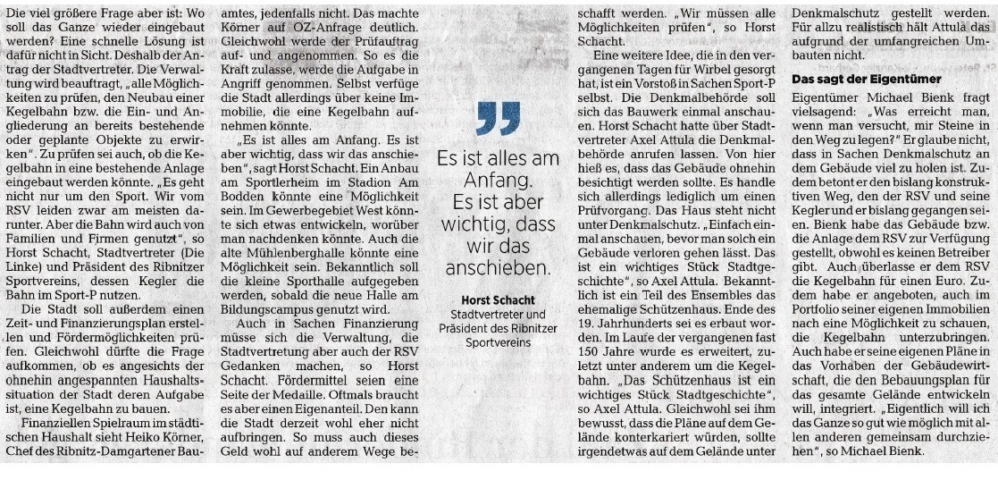 PDF - Rettet der Denkmalschutz den Sport-P und die Kegelbahn? - Stadtvertreter und Prsident des Ribnitzer SV Horst Schacht bemht die Denkmalschutzbehrde / Das soll ein Weg sein, die Kegelbahn im ehemaligen Sport-Palast zu erhalten / Michael Bienk, Sport-P-Eigentmer, stellt dazu eine vielsagende Frage in den Raum - Von Robert Niemeyer - Ostsee-Zeitung - Sonnabend/Sonntag, 5./6. Februar 2022 | Seite 11 