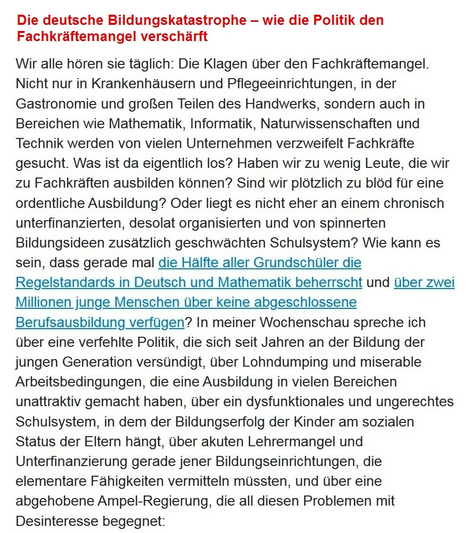 Aus dem Posteingang von Dr. Sahra Wagenknecht (MdB) - Team Sahra - 30.03.2023 - Die deutsche Bildungskatastrophe  wie die Politik den Fachkrftemangel verschrft - Abschnitt 1 - Link: https://www.youtube.com/watch?v=oBRUvMSHsHs