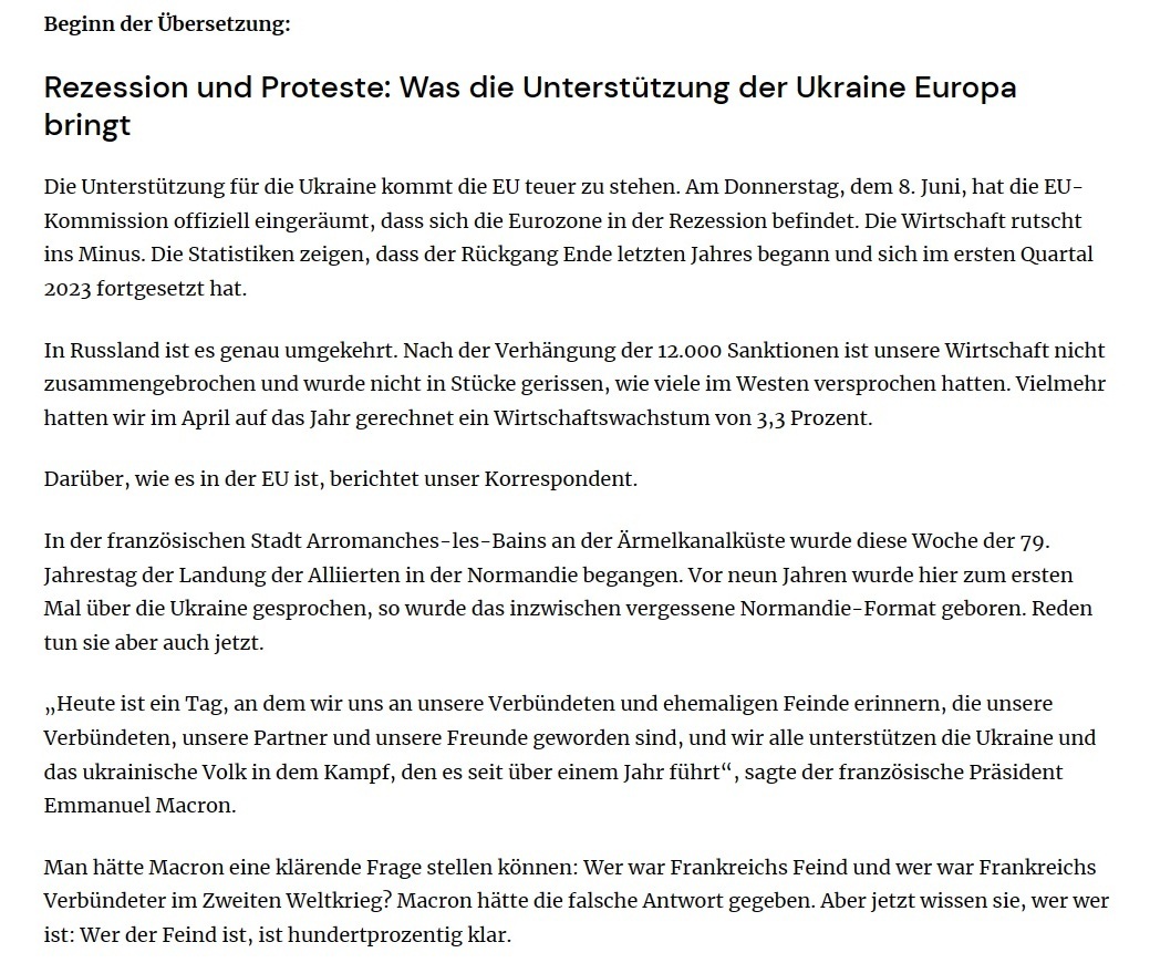 Seid Ihr alle Putins Agenten? - Europa - Die Unterstützung der Ukraine führt zu Rezession und Protesten - Die EU ist in die Rezession gefallen, was europäische Politiker bis zuletzt ausgeschlossen hatten. Das ist der Preis der anti-russischen Politik, die in der EU zu immer mehr Protesten führt. - von Thomas Röper - 12. Juni 2023 03:00 Uhr - Anti-Spiegel - Fundierte Medienkritik - Thomas Röper - Link: https://www.anti-spiegel.ru/2023/die-unterstuetzung-der-ukraine-fuehrt-zu-rezession-und-protesten/ - (2)  