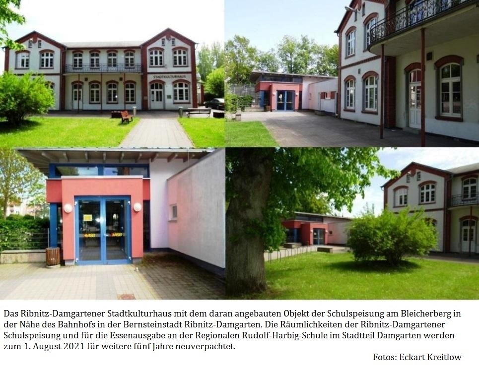 Das Ribnitz-Damgartener Stadtkulturhaus mit dem daran angebauten Objekt der Schulspeisung am Bleicherberg in der Nhe des Bahnhofs in der Bernsteinstadt Ribnitz-Damgarten. Die Rumlichkeiten der Ribnitz-Damgartener Schulspeisung und fr die Essenausgabe der Regionalen Rudolf-Harbig-Schule im Stadtteil Damgarten werden zum 1. August 2021 fr weitere fnf Jahre neuverpachtet. -  Fotos: Eckart Kreitlow 