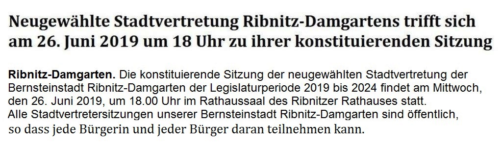 Neugewhlte Stadtvertretung Ribnitz-Damgartens trifft sich am 26. Juni 2019 um 18 Uhr zu ihrer konstituierenden Sitzung