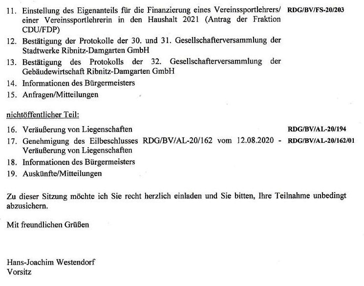 Tagesordnung der 11. Sitzung dieser Legislaturperiode der Stadtvertretung Ribnitz-Damgarten am Mittwoch, dem 09. Dezember 2020, von 18:00 Uhr bis etwa gegen 19:40 Uhr im Begegnungszentrum  unserer Bernsteinstadt Ribnitz-Damgarten in der G.-A.-Demmler-Strae 6 - 2