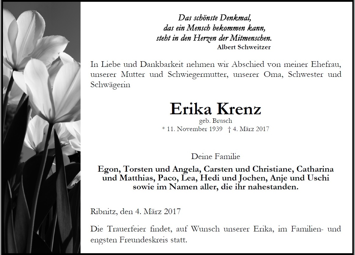 Traueranzeige von Erika Krenz - geb. am 11. November 1939 - gest. am 4.März 2017