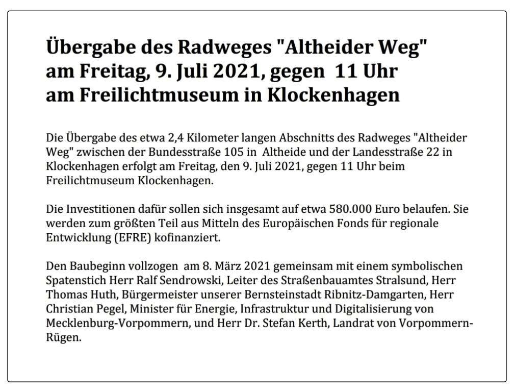 bergabe des Radweges 'Altheider Weg' am Freitag, 9. Juli 2021, gegen 11 Uhr am Freilichtmuseum in Klockenhagen. 
