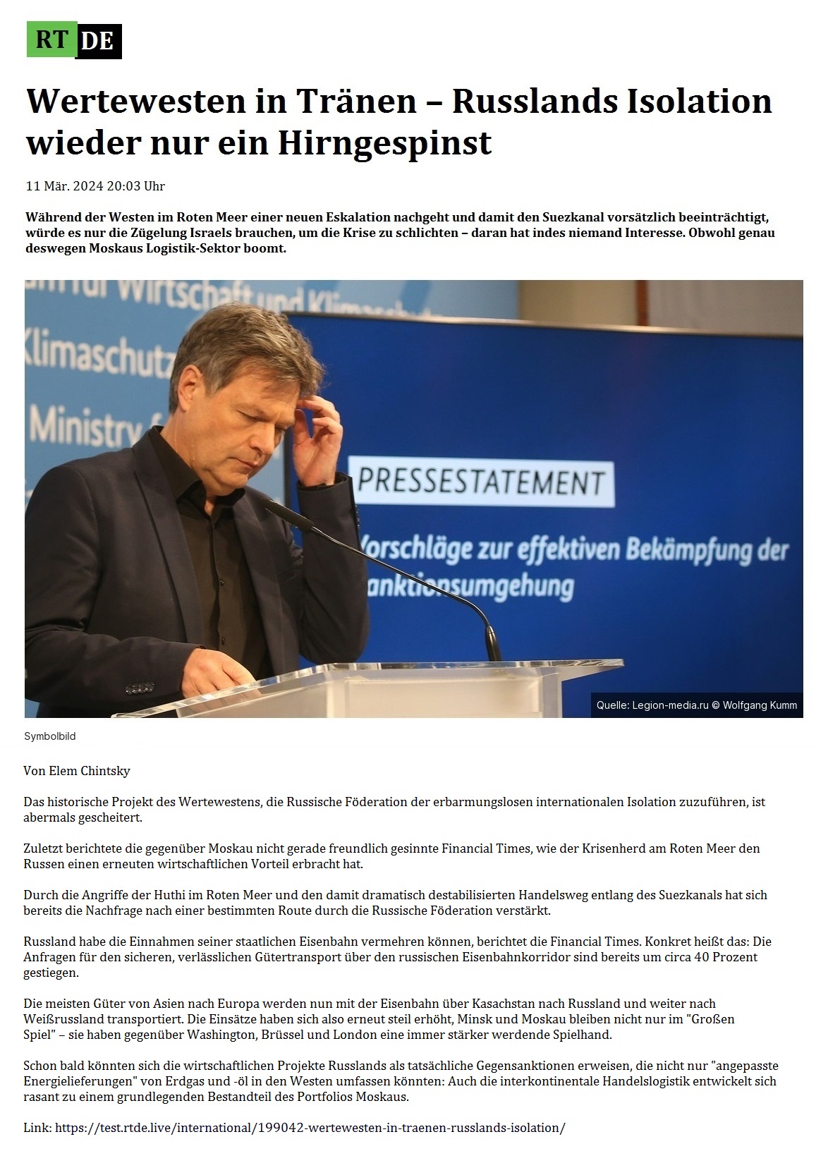 Wertewesten in Trnen  Russlands Isolation wieder nur ein Hirngespinst - 11 Mr. 2024 20:03 Uhr - Whrend der Westen im Roten Meer einer neuen Eskalation nachgeht und damit den Suezkanal vorstzlich beeintrchtigt, wrde es nur die Zgelung Israels brauchen, um die Krise zu schlichten  daran hat indes niemand Interesse. Obwohl genau deswegen Moskaus Logistik-Sektor boomt. - Von Elem Chintsky - 11 Mr. 2024 20:03 Uhr - RT DE - Link: https://test.rtde.live/international/199042-wertewesten-in-traenen-russlands-isolation/