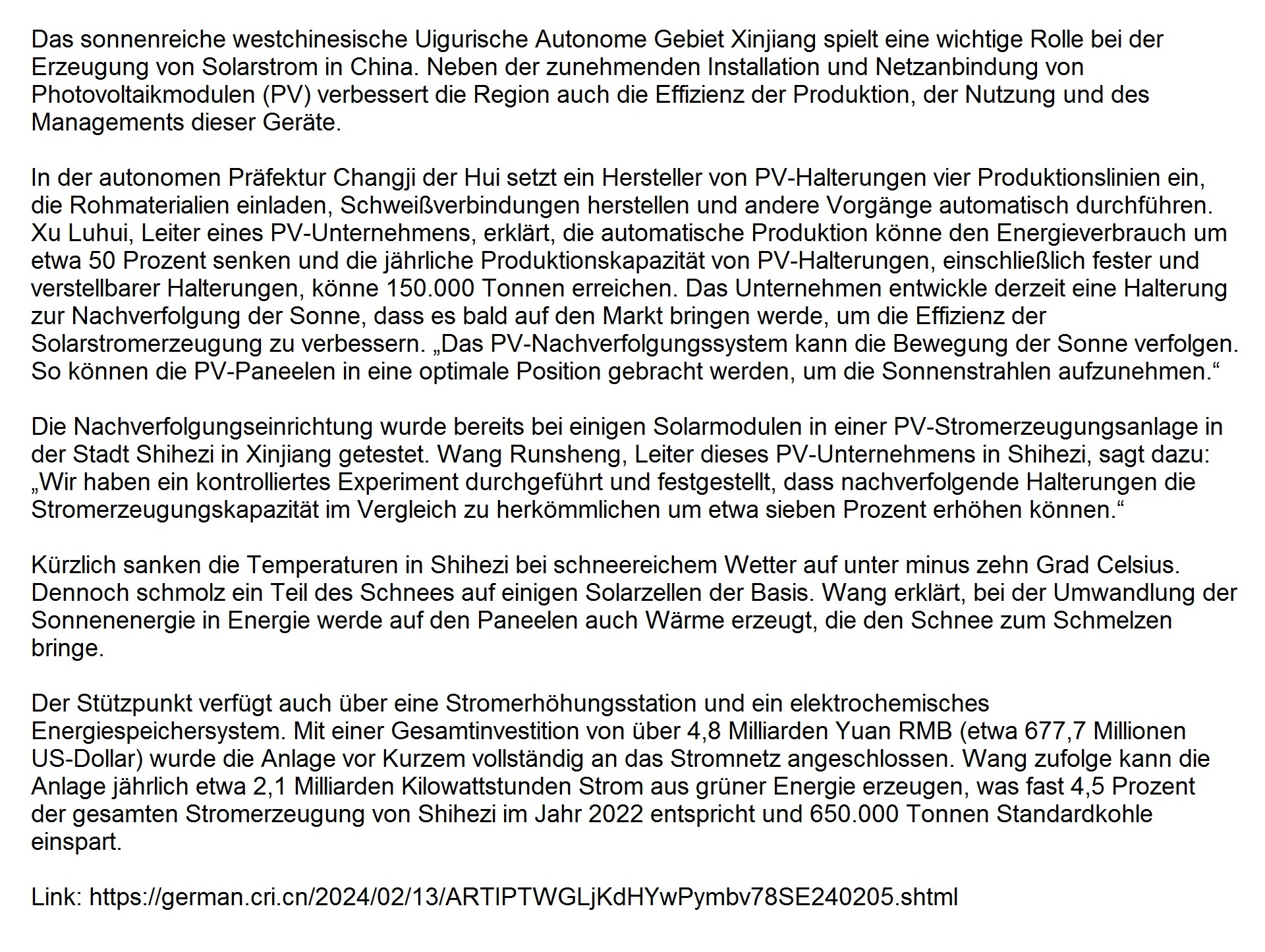 Wundersames Xinjiang  Innovationen treiben die PV-Industrie an - 13.02.2024 09:10:00 - CRI online Deutsch - Link: https://german.cri.cn/2024/02/13/ARTIPTWGLjKdHYwPymbv78SE240205.shtml 